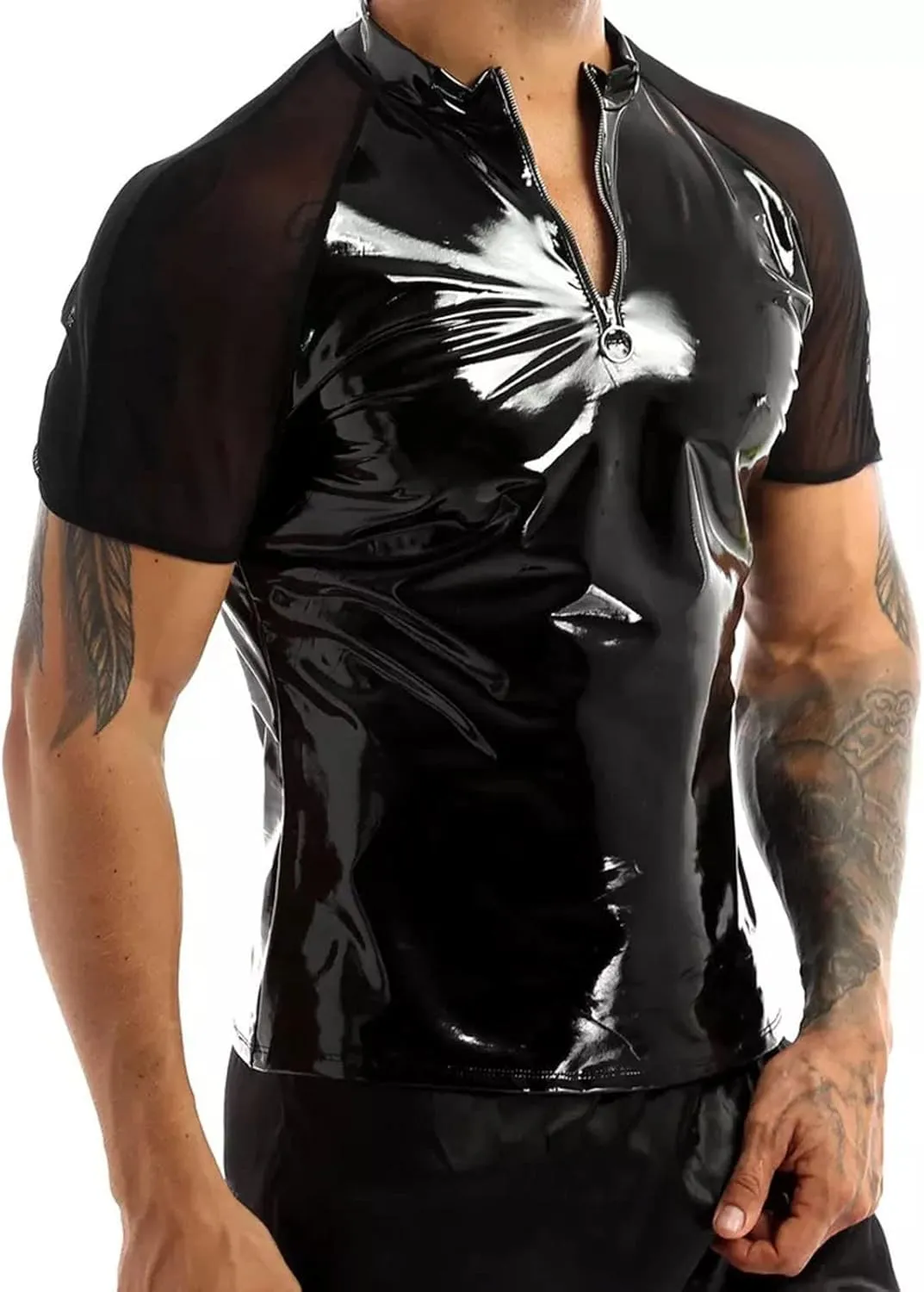 Men's Black Leather Tshirt Short Sleeve PVC Tunic & Sleeveless Tank Top