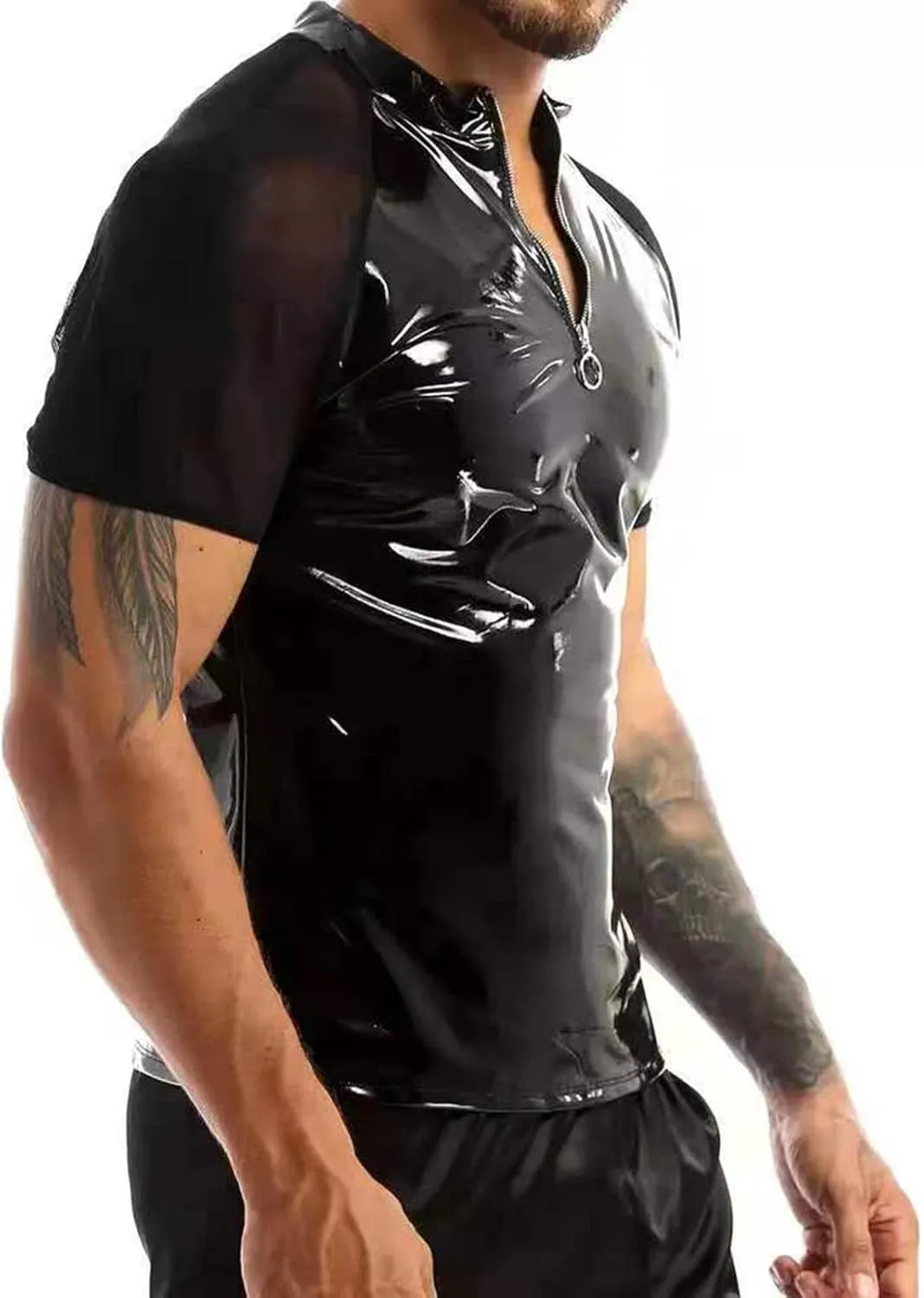 Men's Black Leather Tshirt Short Sleeve PVC Tunic & Sleeveless Tank Top
