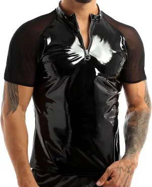 Men's Black Leather Tshirt Short Sleeve PVC Tunic & Sleeveless Tank Top