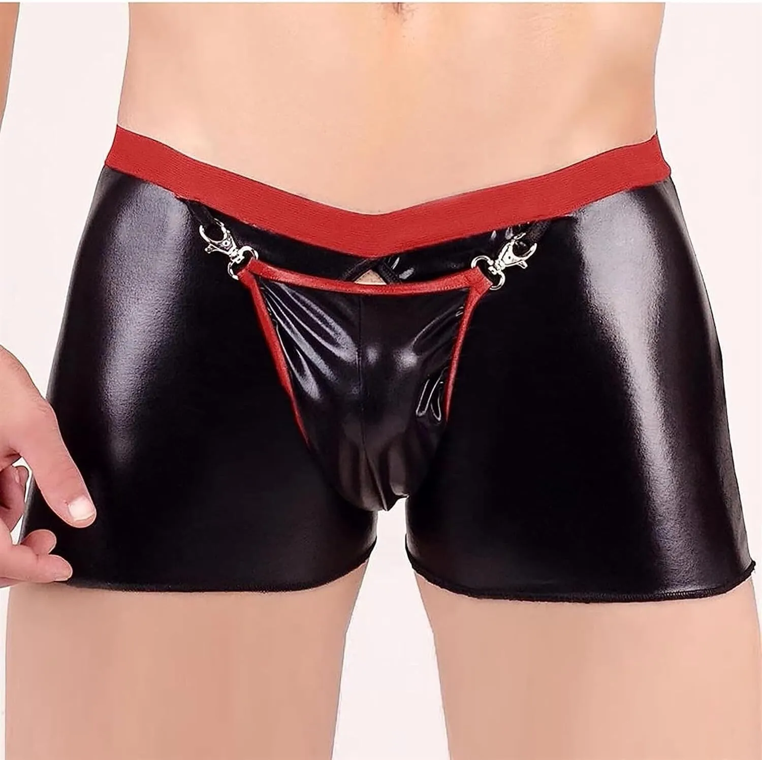 Men's Boxer Briefs Open Front Jockstrap Leather Trunks Underwear Stretch T Back Underpants(Rojo,X-Large)