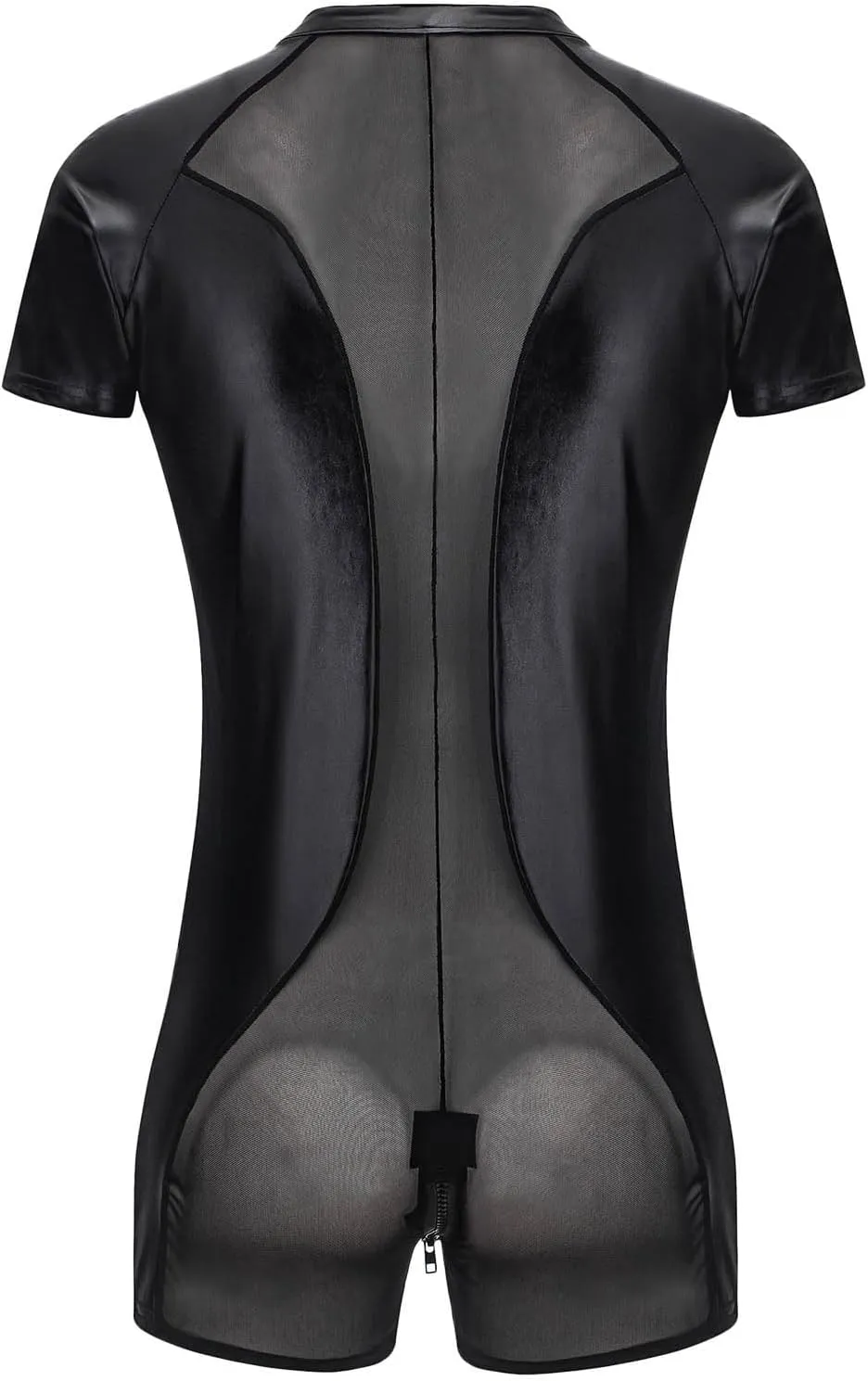 Mens Casual Fashion Performance Leather Sexy Zipper Mesh Fun Jumpsuit Sprint Car Shirts Men