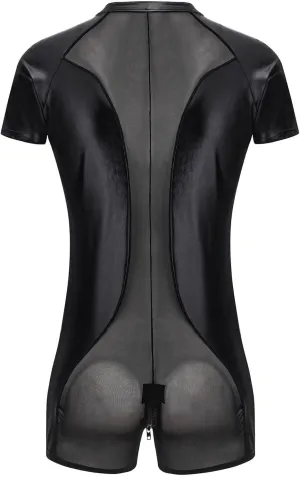 Mens Casual Fashion Performance Leather Sexy Zipper Mesh Fun Jumpsuit Sprint Car Shirts Men
