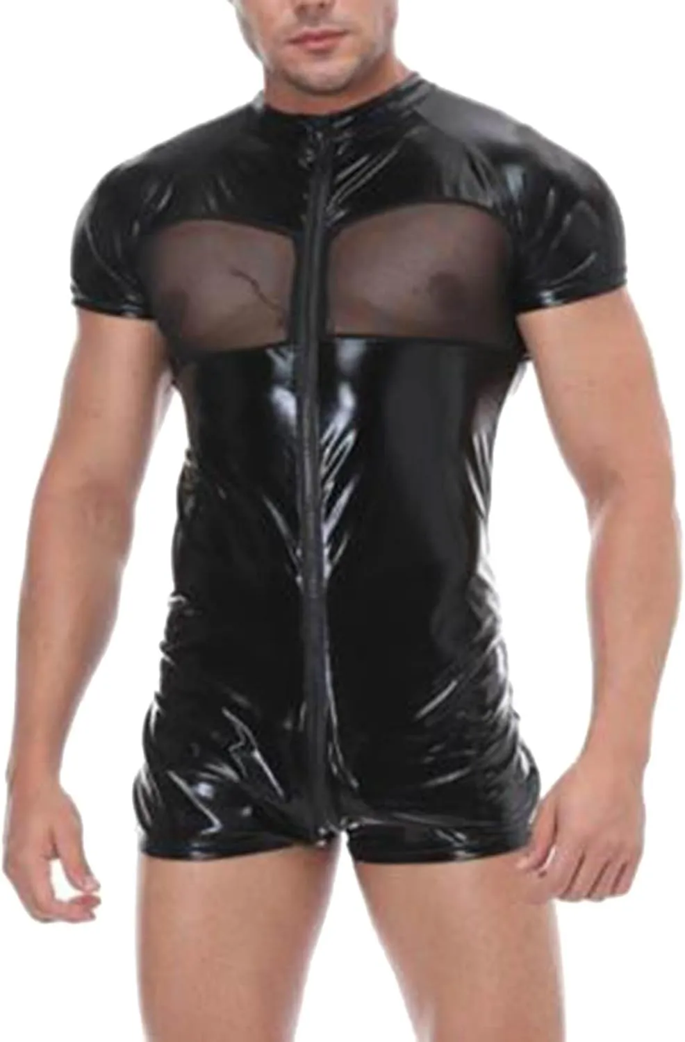 Mens Casual Fashion Performance Leather Sexy Zipper Mesh Fun Jumpsuit Sprint Car Shirts Men