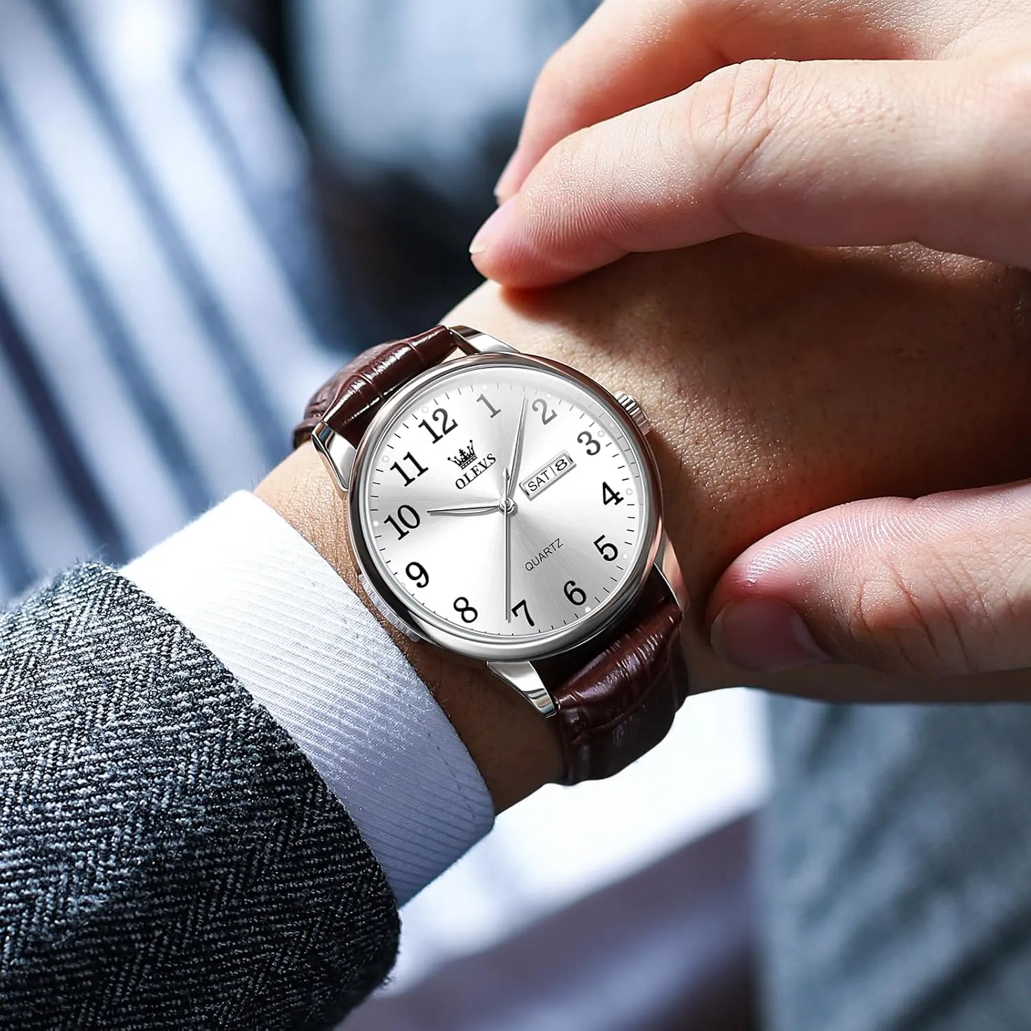 Men's Casual Leather Watch, Easy to Read Three-Hand Analog Stainless Steel Watches for Men, Minimalist Day Date Waterproof Luminous Mens Quartz Wristwatch