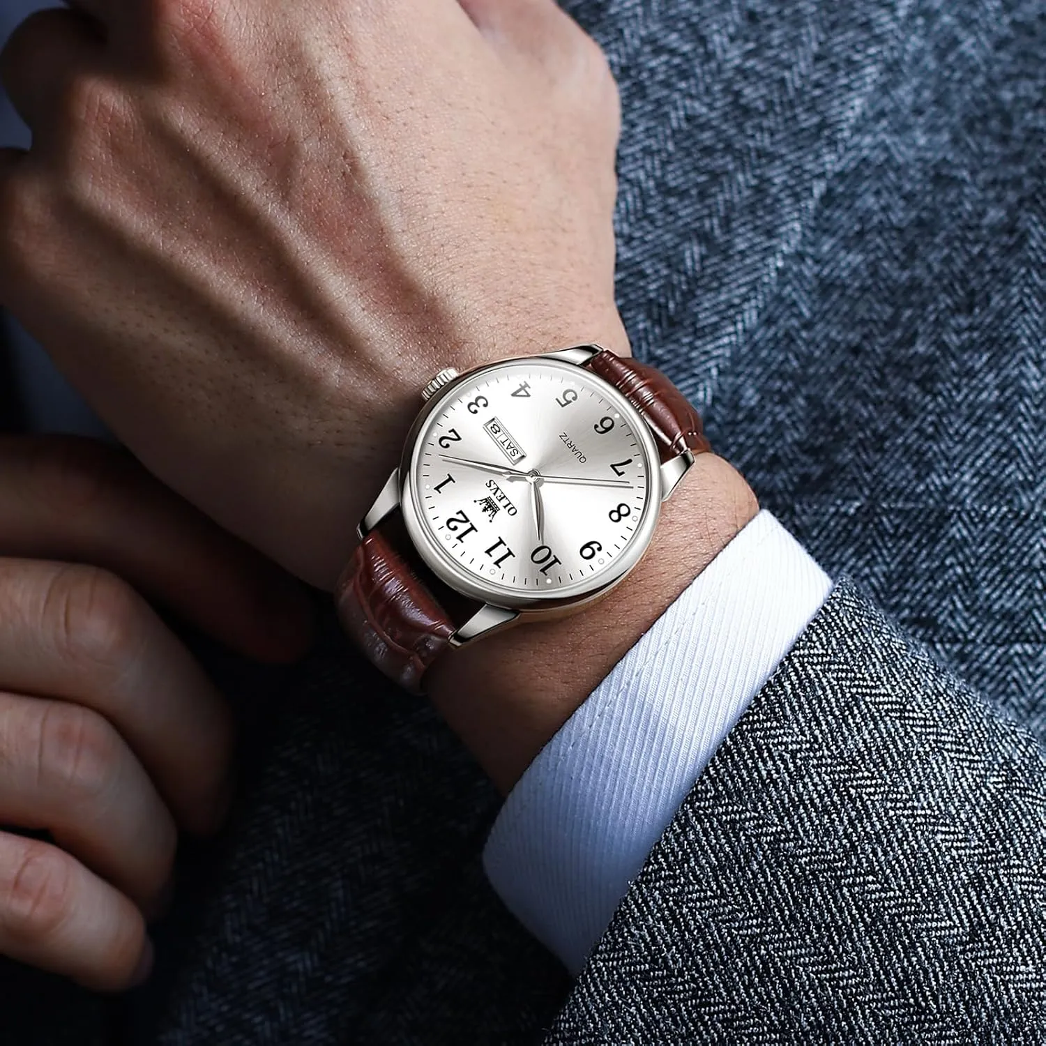 Men's Casual Leather Watch, Easy to Read Three-Hand Analog Stainless Steel Watches for Men, Minimalist Day Date Waterproof Luminous Mens Quartz Wristwatch