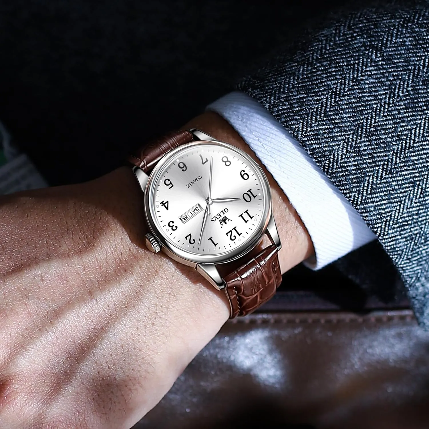 Men's Casual Leather Watch, Easy to Read Three-Hand Analog Stainless Steel Watches for Men, Minimalist Day Date Waterproof Luminous Mens Quartz Wristwatch