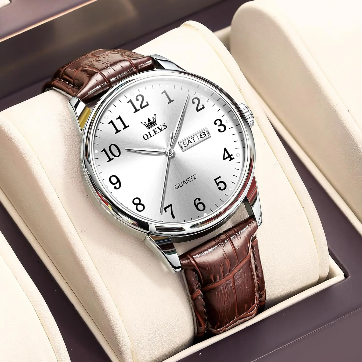 Men's Casual Leather Watch, Easy to Read Three-Hand Analog Stainless Steel Watches for Men, Minimalist Day Date Waterproof Luminous Mens Quartz Wristwatch