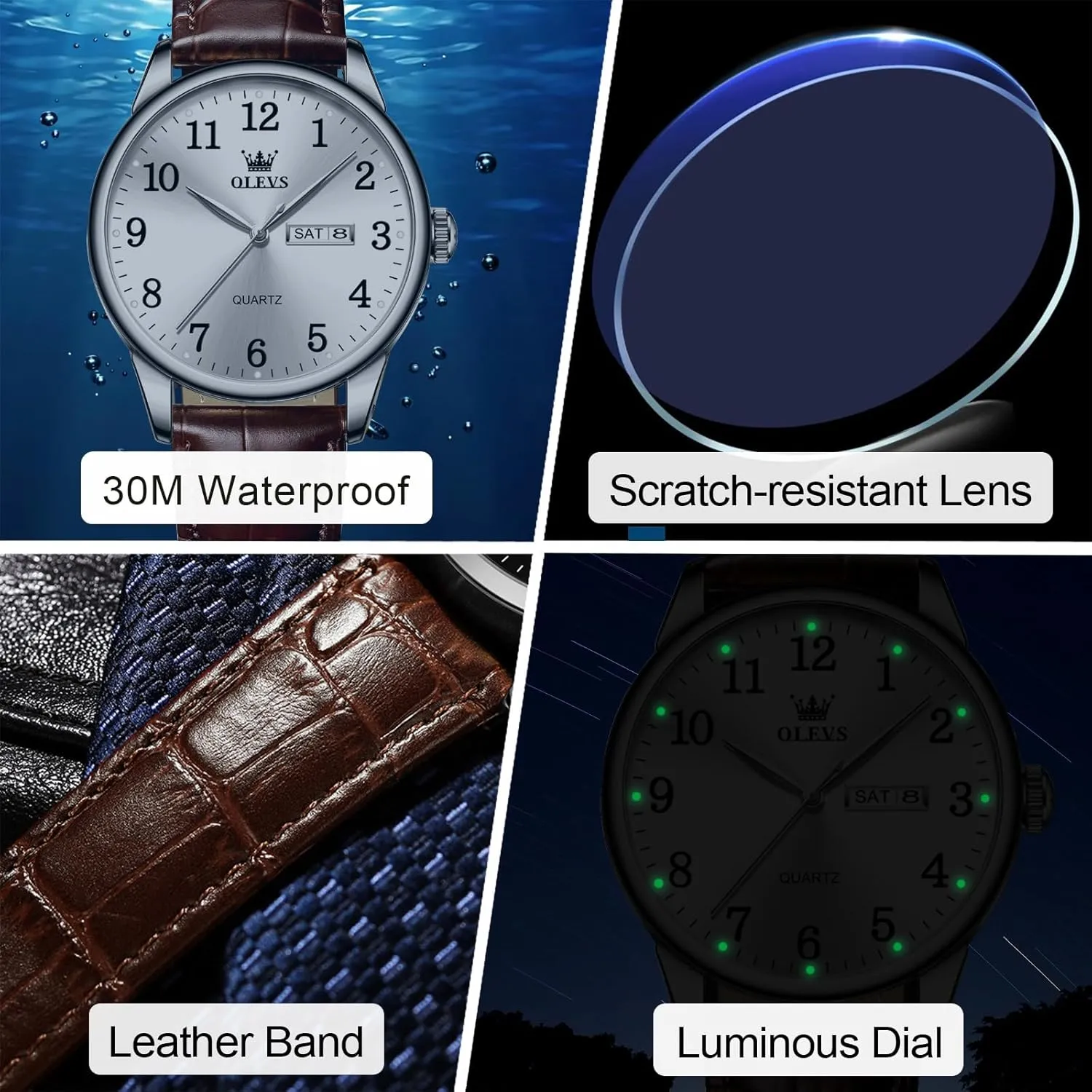 Men's Casual Leather Watch, Easy to Read Three-Hand Analog Stainless Steel Watches for Men, Minimalist Day Date Waterproof Luminous Mens Quartz Wristwatch