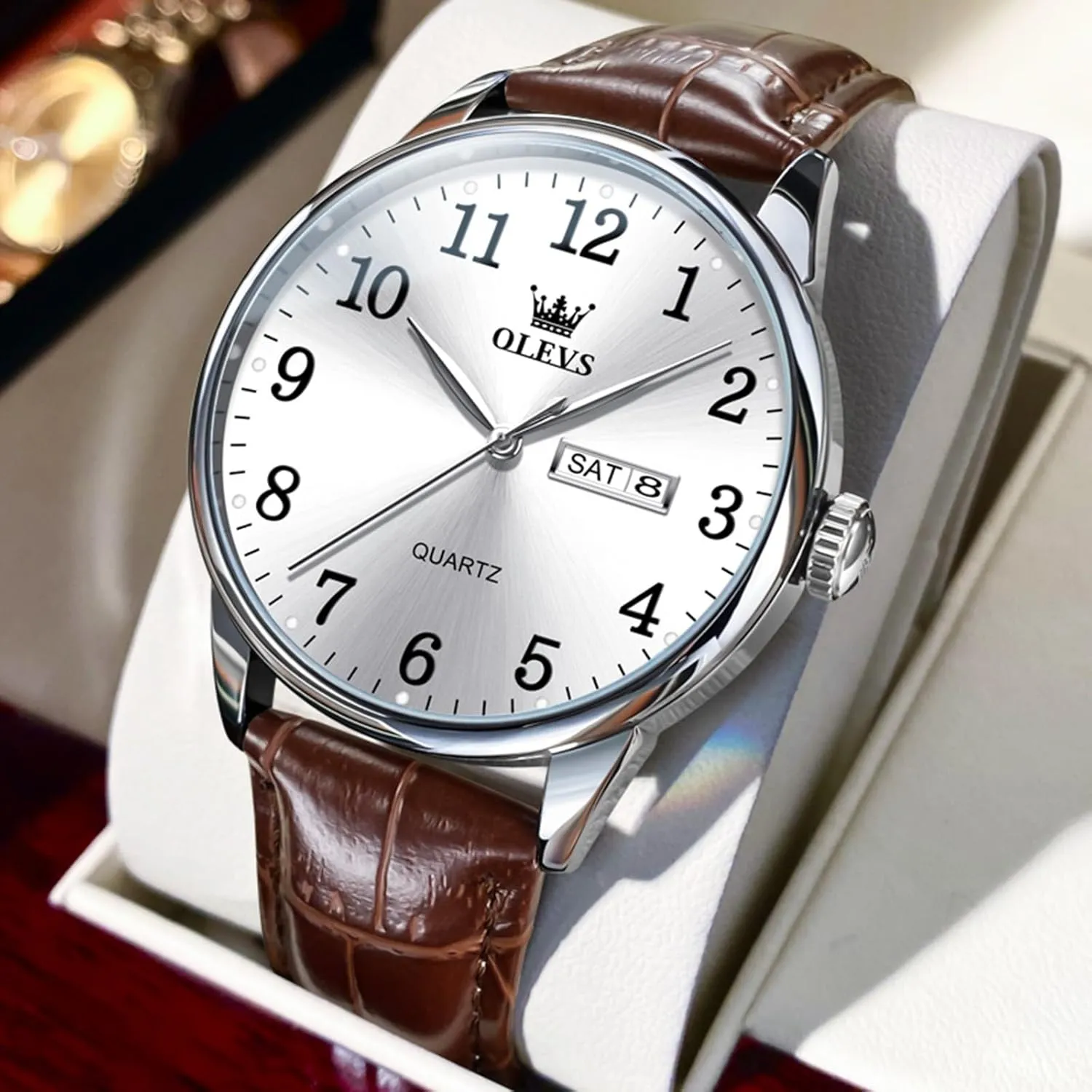 Men's Casual Leather Watch, Easy to Read Three-Hand Analog Stainless Steel Watches for Men, Minimalist Day Date Waterproof Luminous Mens Quartz Wristwatch