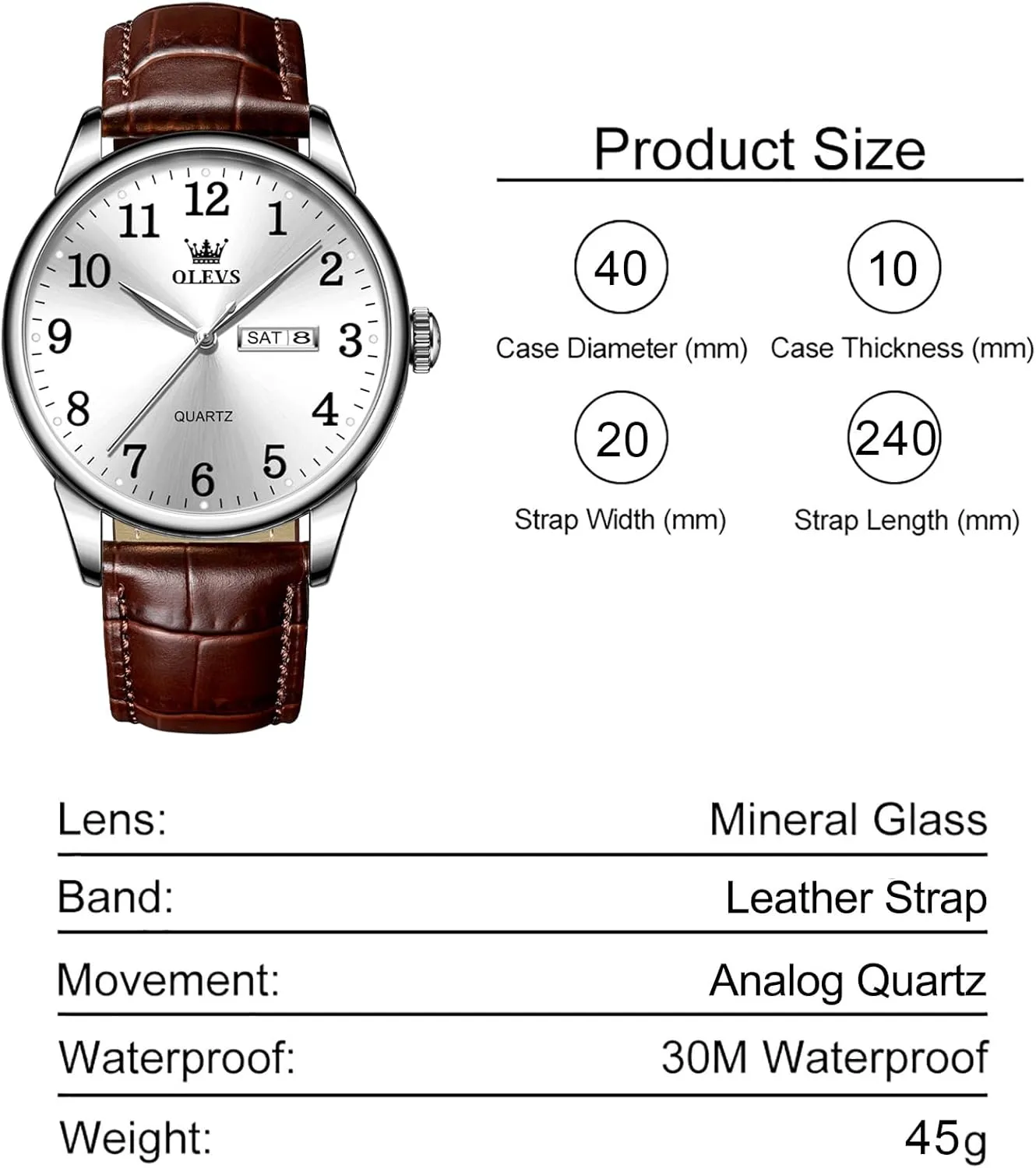 Men's Casual Leather Watch, Easy to Read Three-Hand Analog Stainless Steel Watches for Men, Minimalist Day Date Waterproof Luminous Mens Quartz Wristwatch