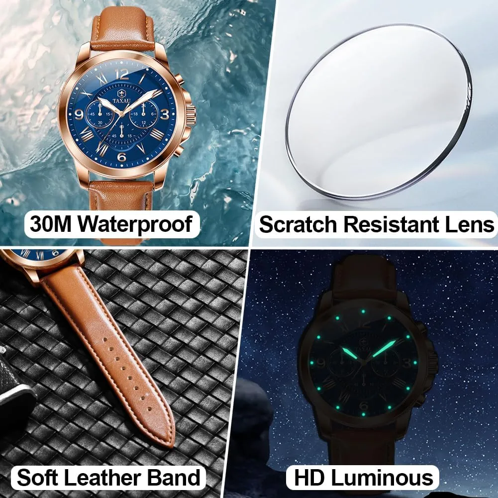 Men's Chronograph Watch Large Face Easy to Read Analog Quartz Men Dress Watch Leather Strap Waterproof Luminous Fashion Casual Wrist Watch for Men