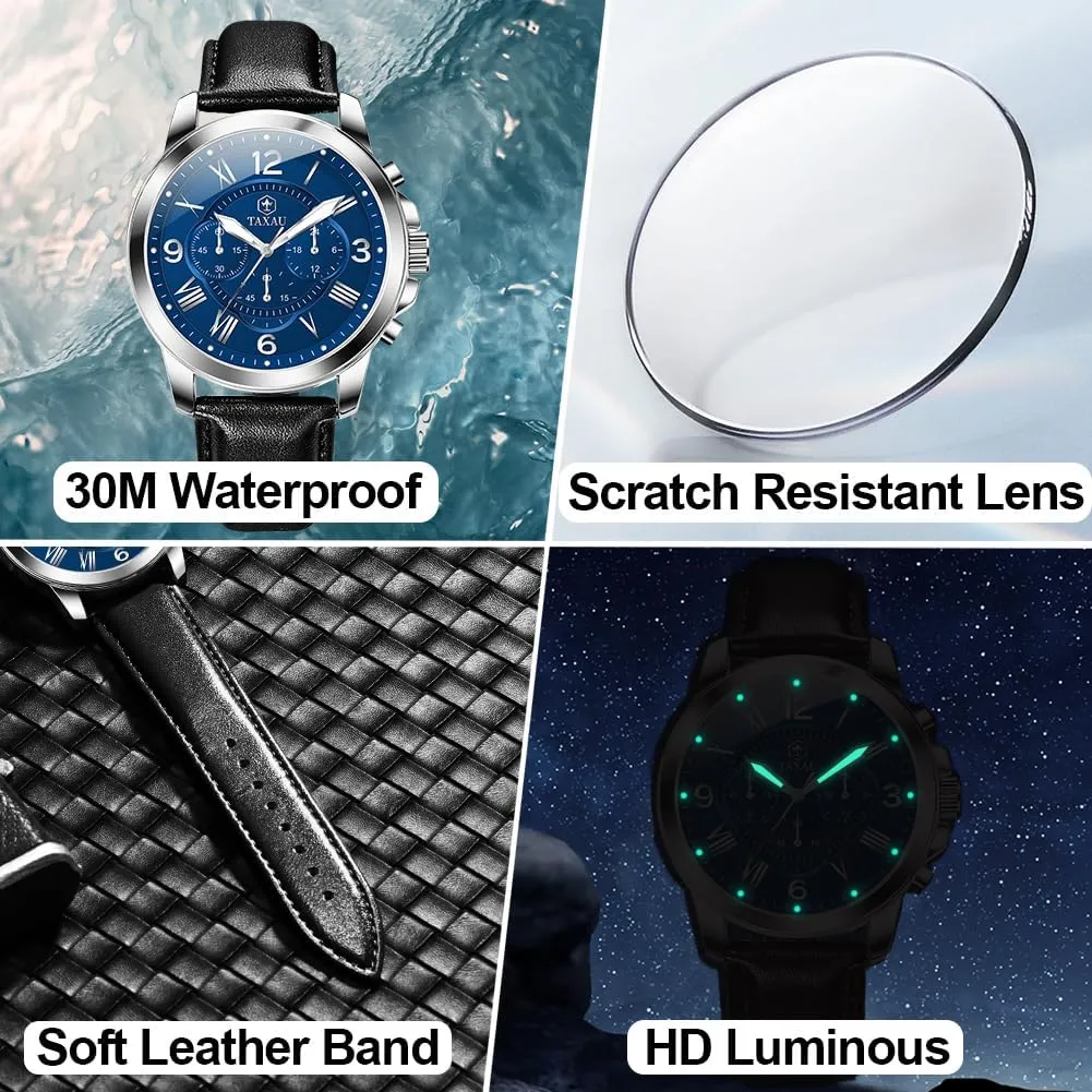Men's Chronograph Watch Large Face Easy to Read Analog Quartz Men Dress Watch Leather Strap Waterproof Luminous Fashion Casual Wrist Watch for Men