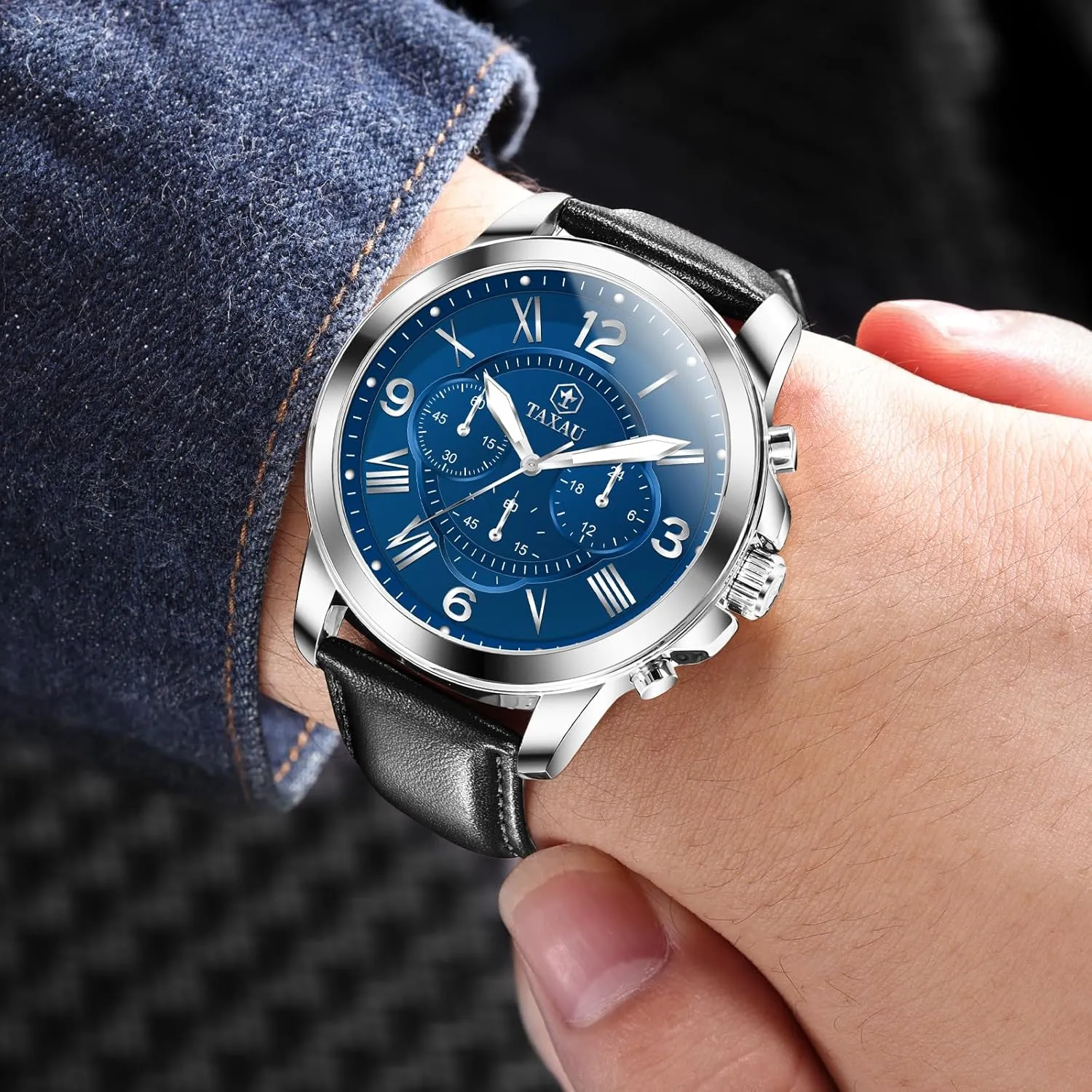 Men's Chronograph Watch Large Face Easy to Read Analog Quartz Men Dress Watch Leather Strap Waterproof Luminous Fashion Casual Wrist Watch for Men