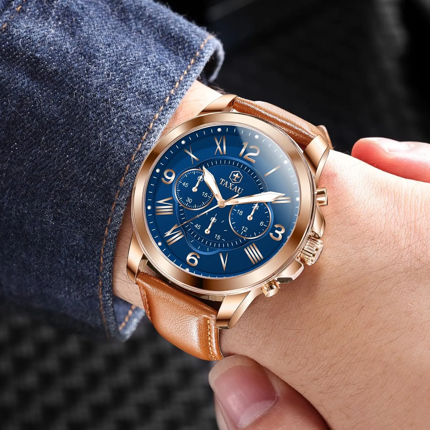 Men's Chronograph Watch Large Face Easy to Read Analog Quartz Men Dress Watch Leather Strap Waterproof Luminous Fashion Casual Wrist Watch for Men