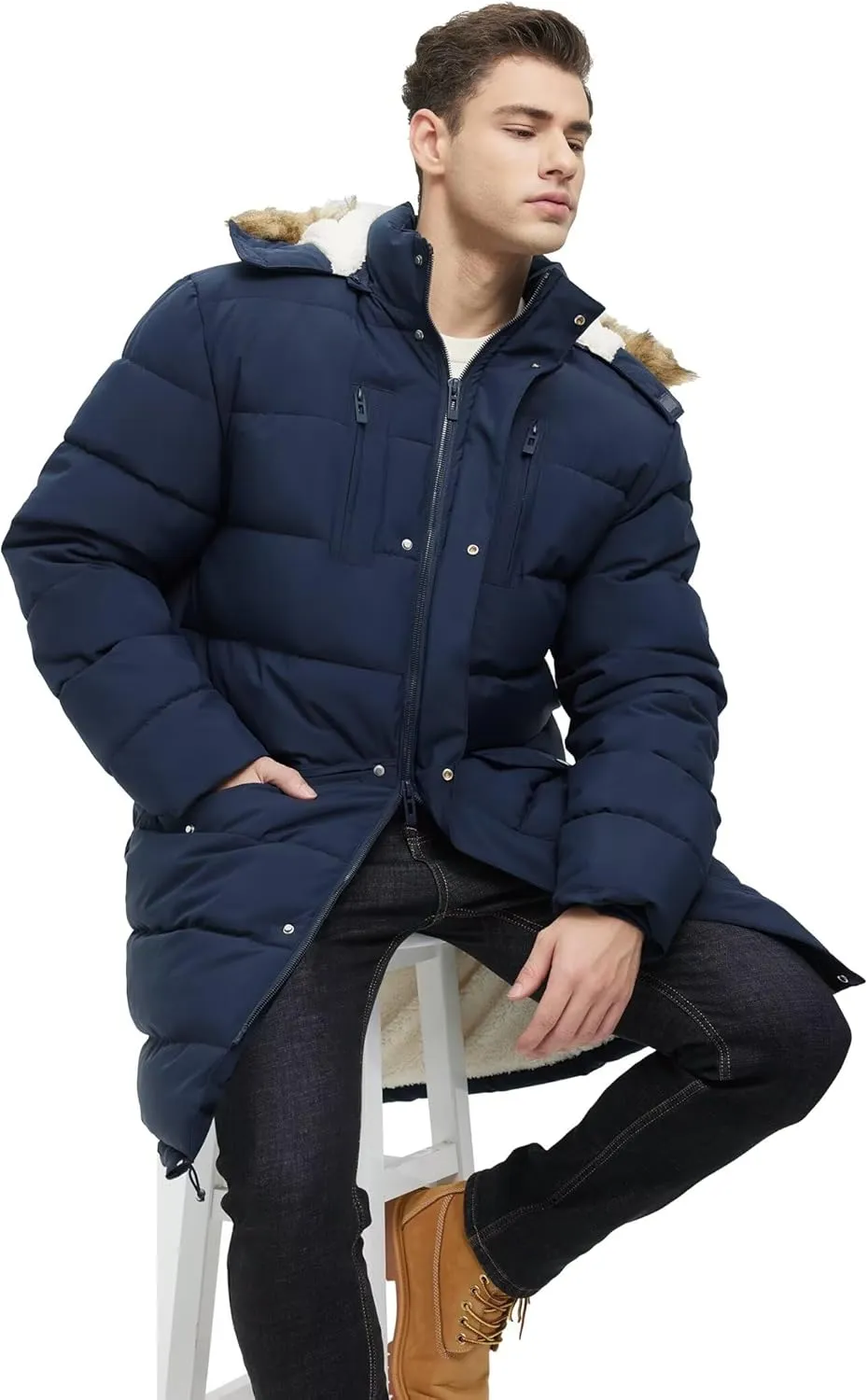 Men's Extra Long Fleece Puffer Jacket Outerwear Winter Coats Hooded Parka Warm Water-resistant Cold Weather