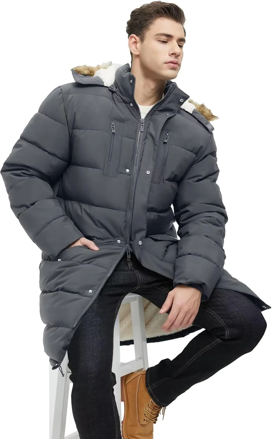 Men's Extra Long Fleece Puffer Jacket Outerwear Winter Coats Hooded Parka Warm Water-resistant Cold Weather