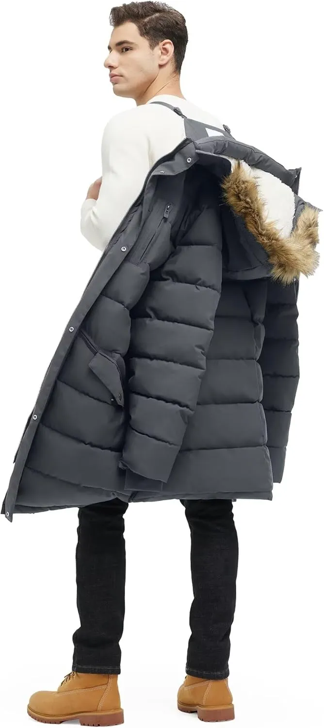 Men's Extra Long Fleece Puffer Jacket Outerwear Winter Coats Hooded Parka Warm Water-resistant Cold Weather