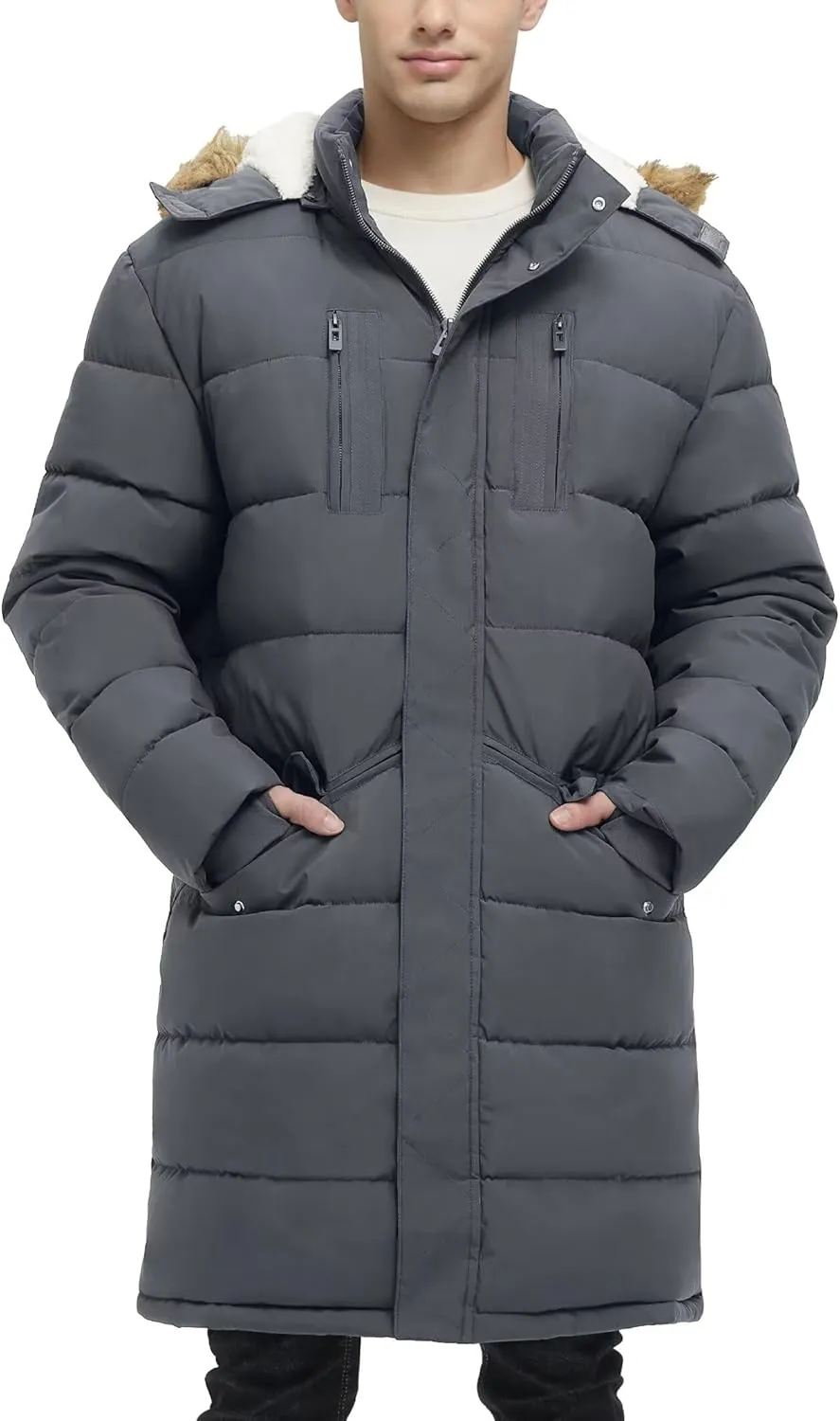 Men's Extra Long Fleece Puffer Jacket Outerwear Winter Coats Hooded Parka Warm Water-resistant Cold Weather
