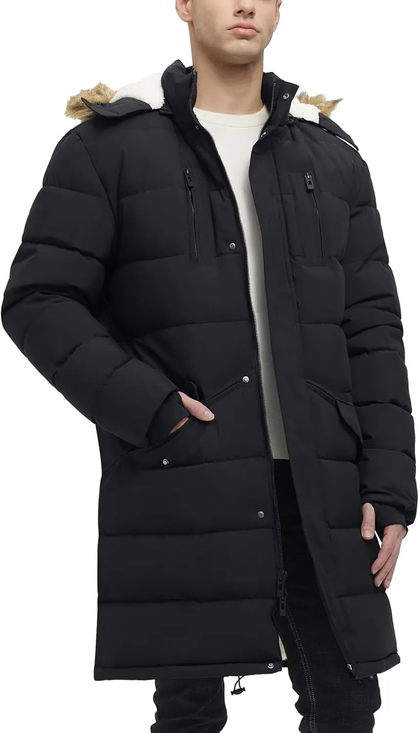 Men's Extra Long Fleece Puffer Jacket Outerwear Winter Coats Hooded Parka Warm Water-resistant Cold Weather