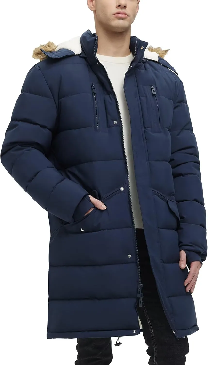 Men's Extra Long Fleece Puffer Jacket Outerwear Winter Coats Hooded Parka Warm Water-resistant Cold Weather