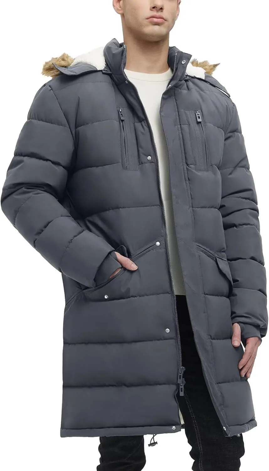 Men's Extra Long Fleece Puffer Jacket Outerwear Winter Coats Hooded Parka Warm Water-resistant Cold Weather