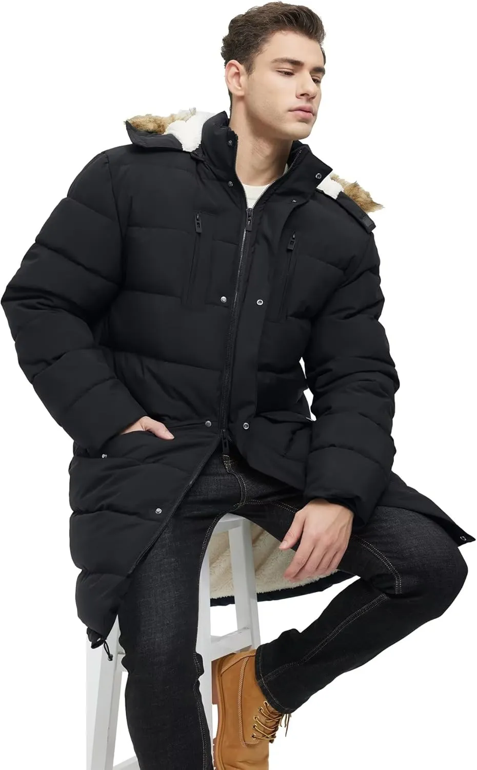 Men's Extra Long Fleece Puffer Jacket Outerwear Winter Coats Hooded Parka Warm Water-resistant Cold Weather