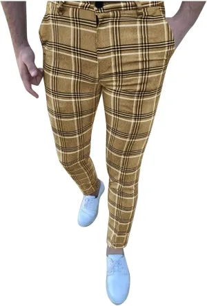 Mens Fashion Plaid Chinos Slim Fit Stretchy Flat-Front Skinny Dress Pencil Pants for Casual Business Golf Work