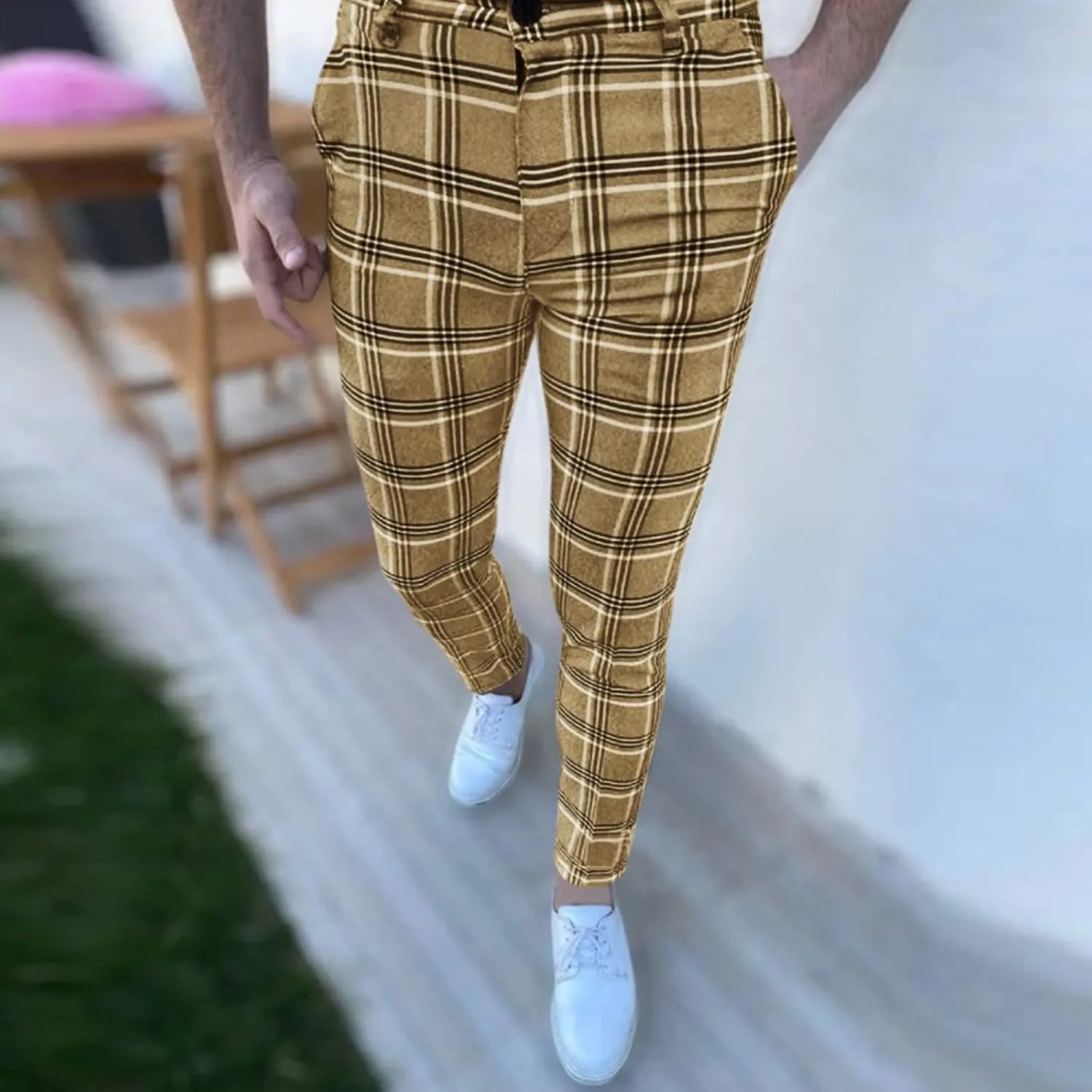 Mens Fashion Plaid Chinos Slim Fit Stretchy Flat-Front Skinny Dress Pencil Pants for Casual Business Golf Work