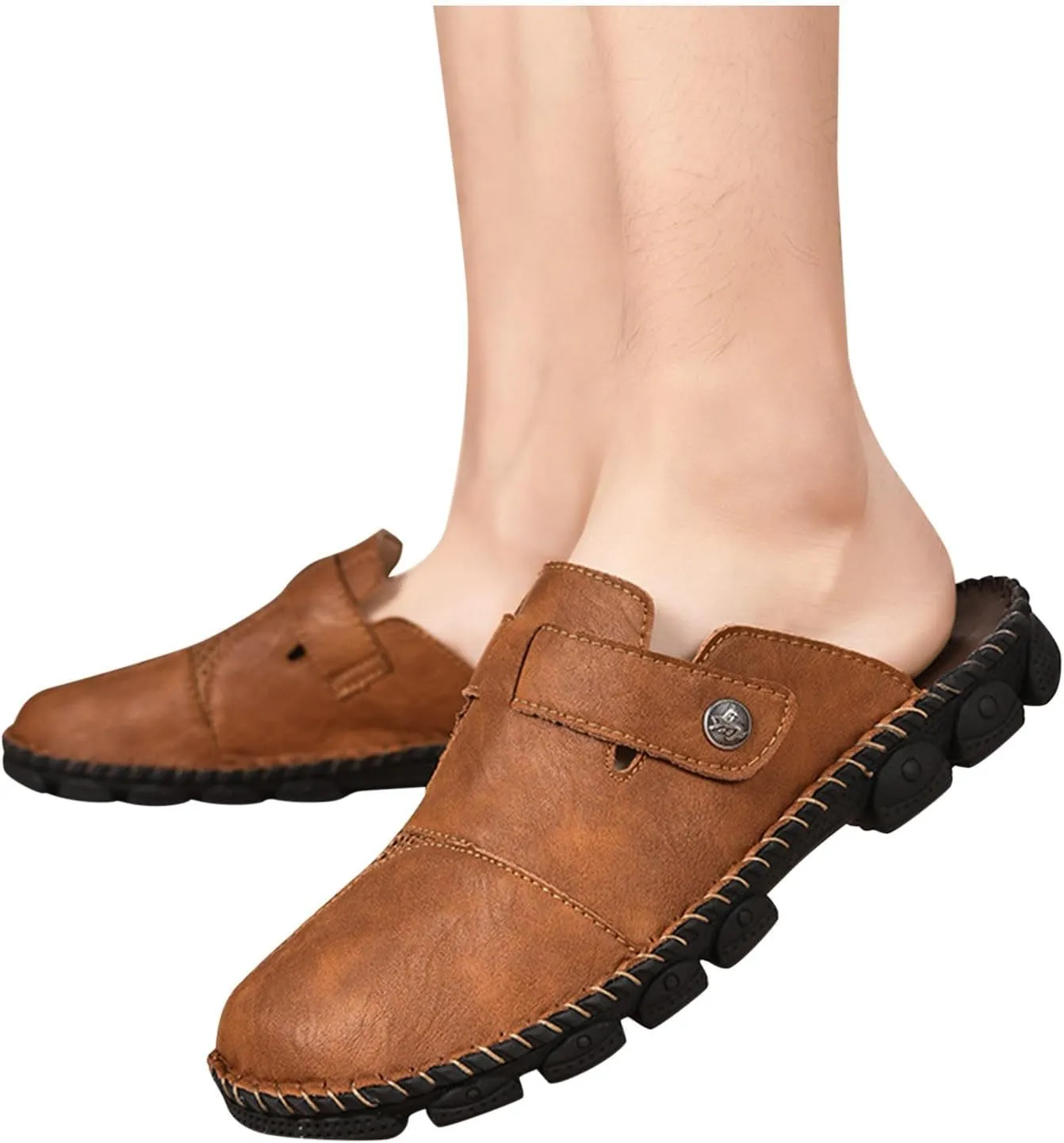 Mens Faux Leather Mules Arch Support Lug Sole Athletic Sandals Comfortable Close Toe Slip-on Roman Non Slip Slides