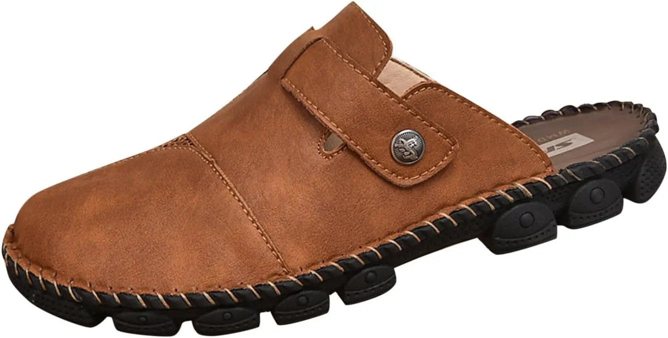 Mens Faux Leather Mules Arch Support Lug Sole Athletic Sandals Comfortable Close Toe Slip-on Roman Non Slip Slides