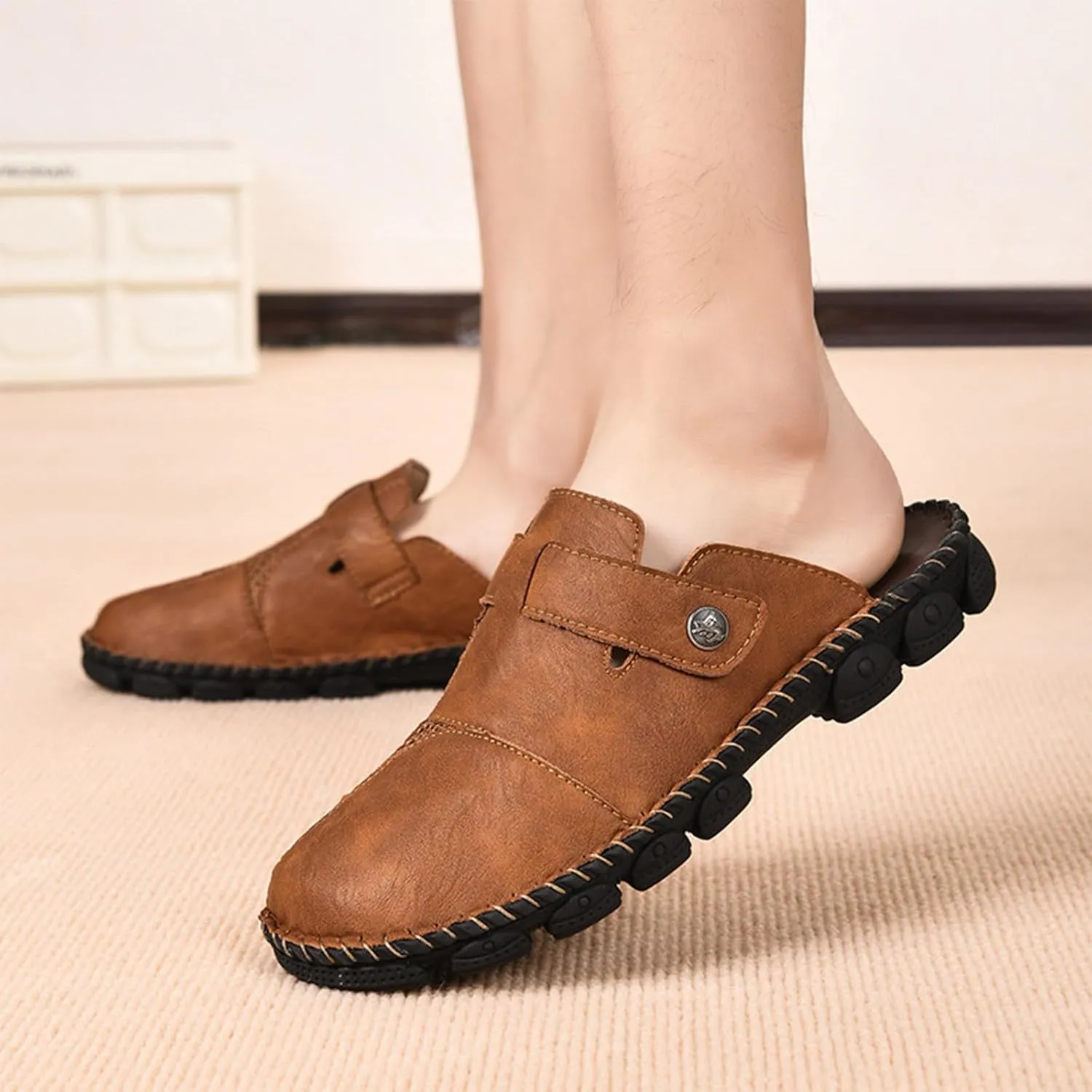 Mens Faux Leather Mules Arch Support Lug Sole Athletic Sandals Comfortable Close Toe Slip-on Roman Non Slip Slides