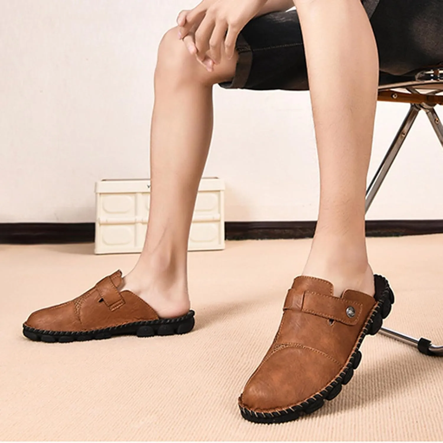 Mens Faux Leather Mules Arch Support Lug Sole Athletic Sandals Comfortable Close Toe Slip-on Roman Non Slip Slides