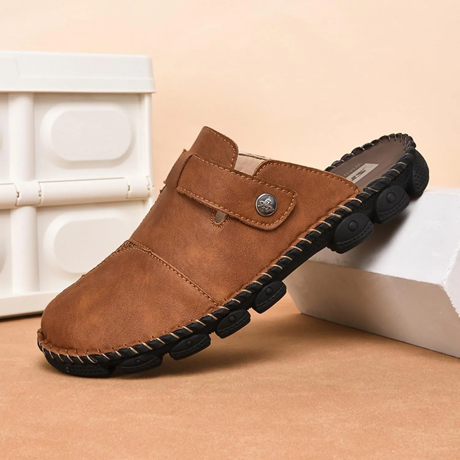 Mens Faux Leather Mules Arch Support Lug Sole Athletic Sandals Comfortable Close Toe Slip-on Roman Non Slip Slides