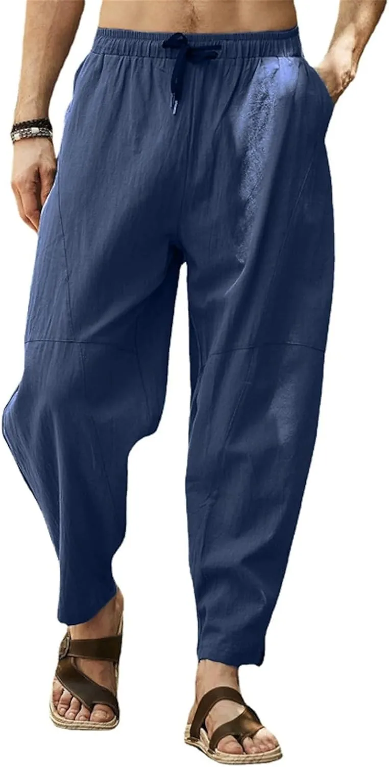 Mens Linen Harem Pants Loose Fit Elastic Waist Drawstring Wide Leg Sweatpants Cropped Lightweight Hippie Trousers