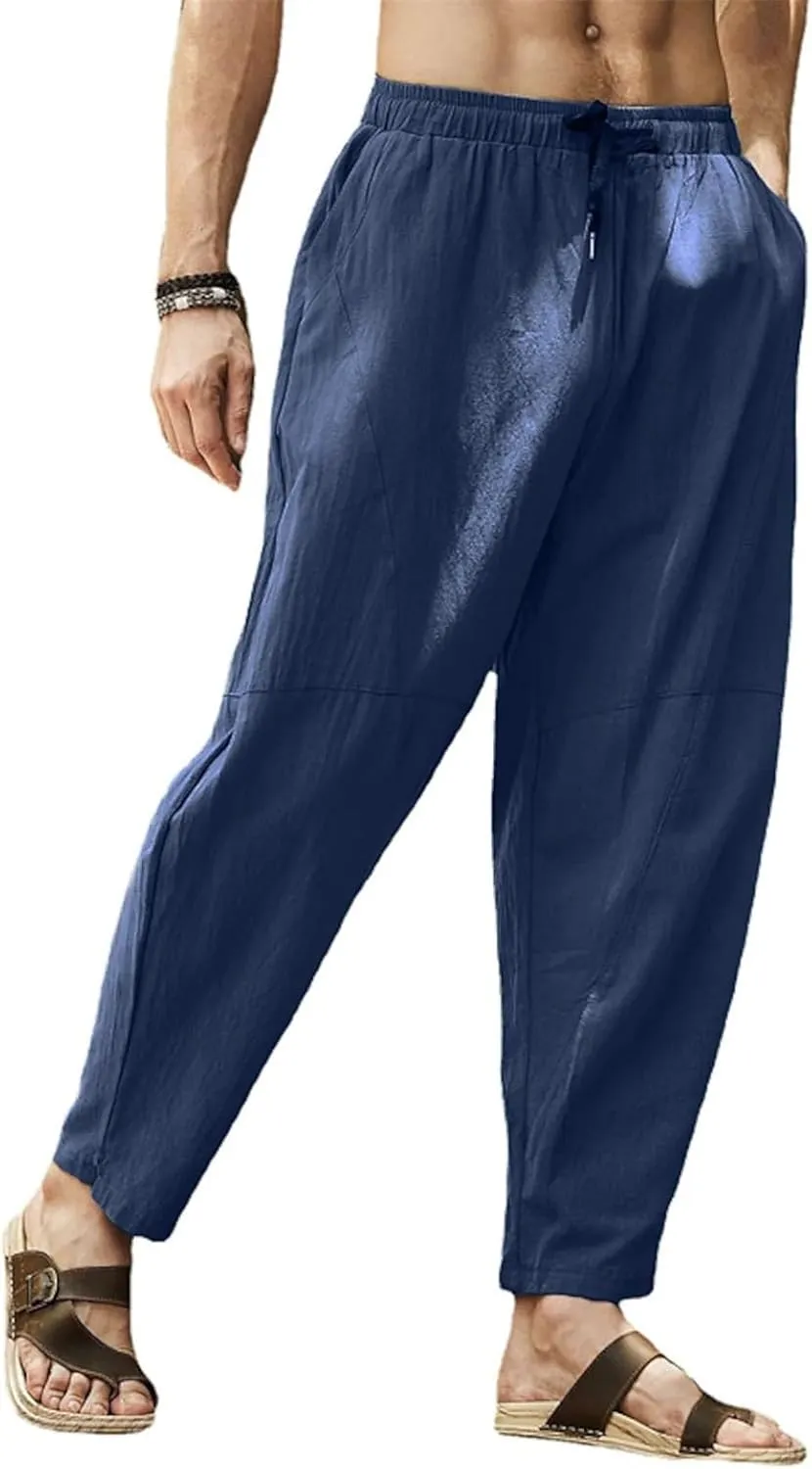 Mens Linen Harem Pants Loose Fit Elastic Waist Drawstring Wide Leg Sweatpants Cropped Lightweight Hippie Trousers