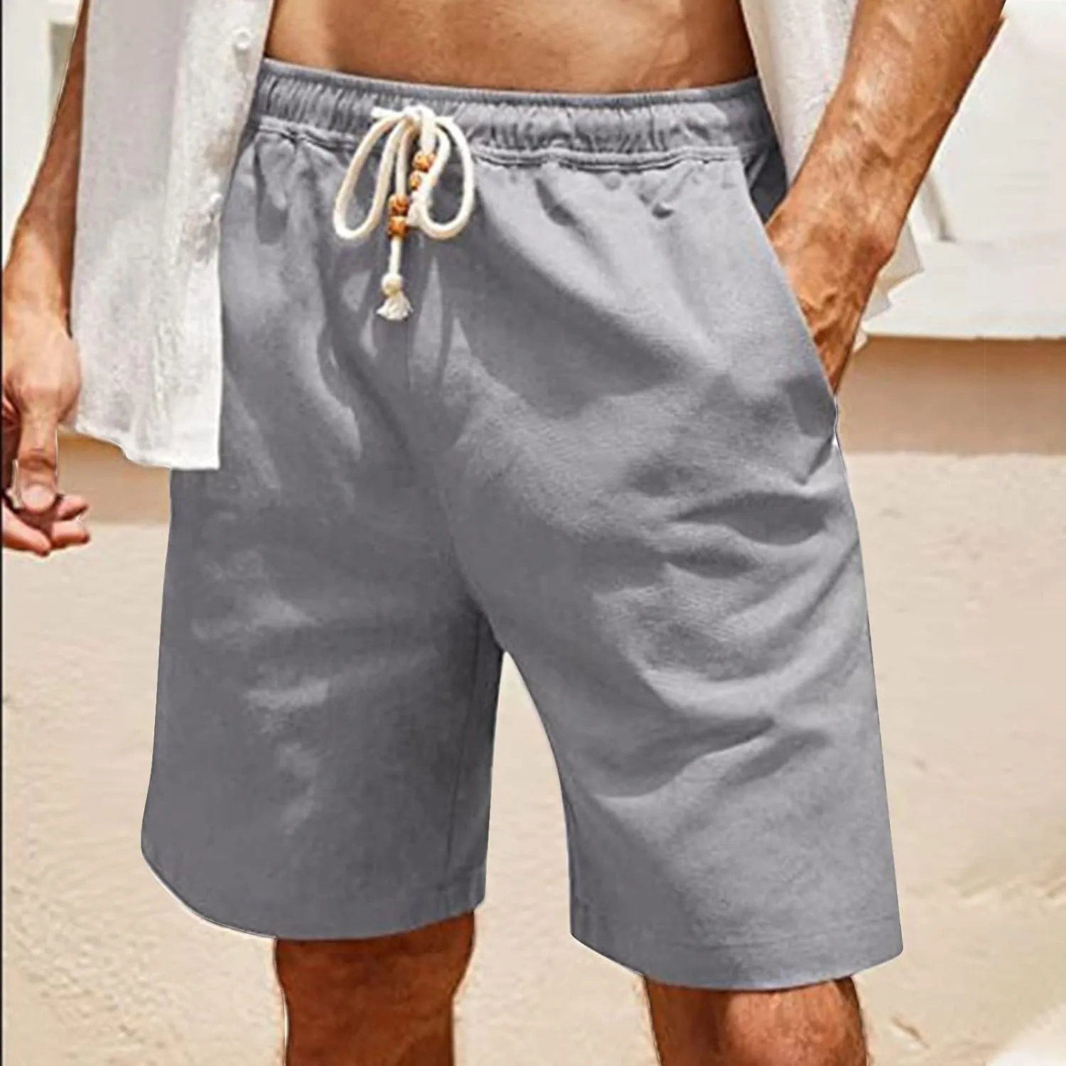 Men's Linen Shorts Loose Fit Summer Beach Shorts Elastic Waist Drawstring Casual Shorts Big and Tall Short Pants