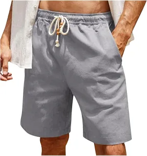 Men's Linen Shorts Loose Fit Summer Beach Shorts Elastic Waist Drawstring Casual Shorts Big and Tall Short Pants