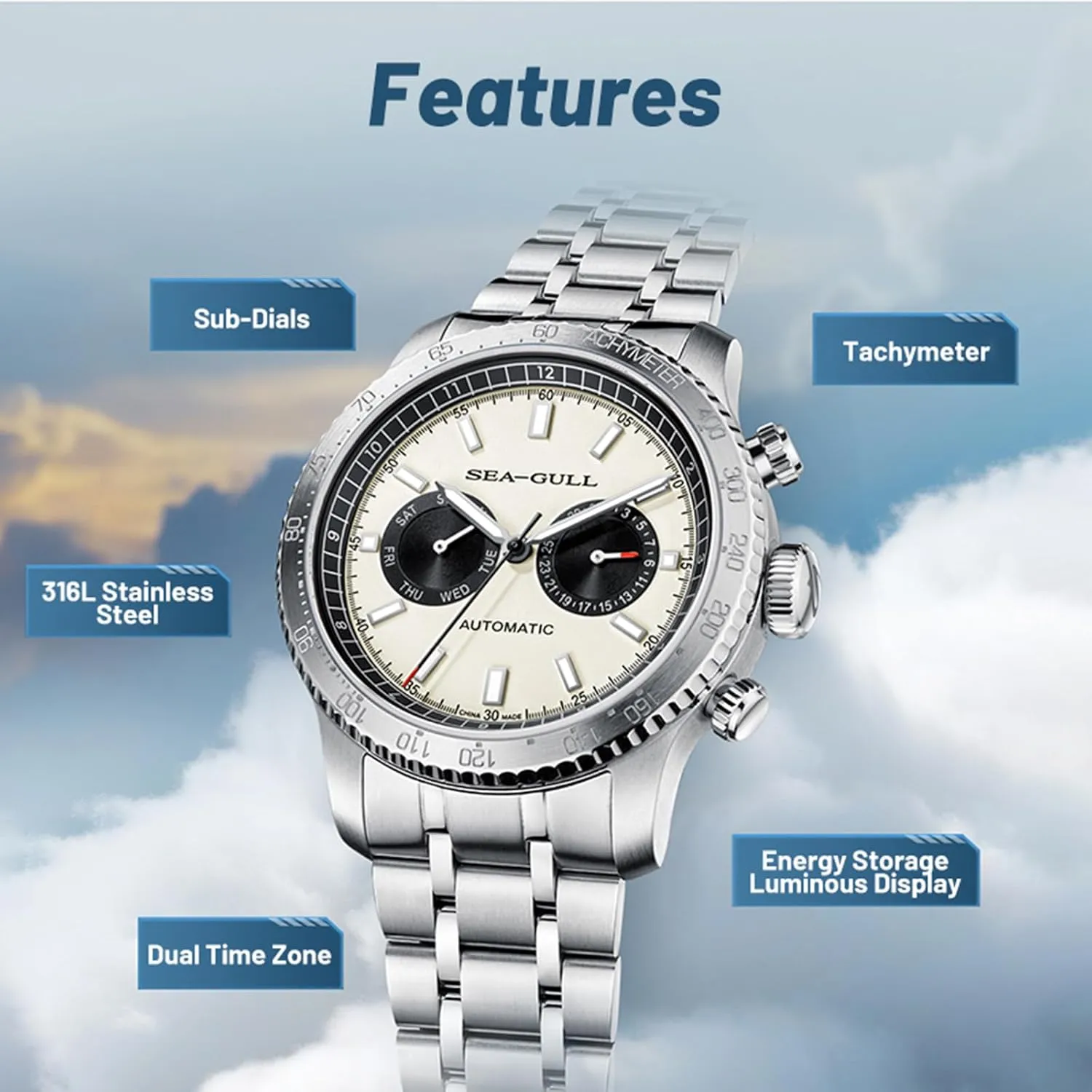 Mens Mechanical Watches,GMT Dual Calendar Panda Eye Watch,Automatic Wristwatch, Seagull ST2502,Tachymeter, Luminous, 6177