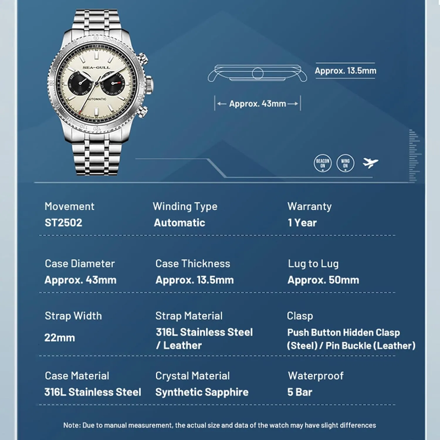 Mens Mechanical Watches,GMT Dual Calendar Panda Eye Watch,Automatic Wristwatch, Seagull ST2502,Tachymeter, Luminous, 6177