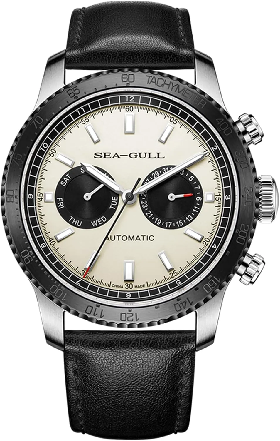 Mens Mechanical Watches,GMT Dual Calendar Panda Eye Watch,Automatic Wristwatch, Seagull ST2502,Tachymeter, Luminous, 6177