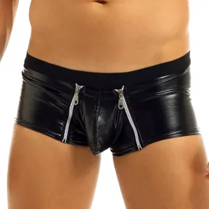 Men's Sexy Faux Leather Shorts Pants Low Rise Ultra Soft Erotic Clubwear Button Removable Pouch Fun Trunks Lingerie