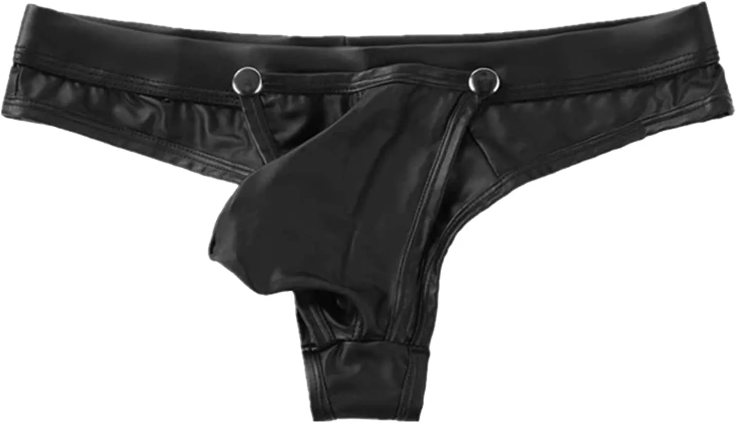Men's Sexy Faux Leather Shorts Pants Low Rise Ultra Soft Erotic Clubwear Button Removable Pouch Fun Trunks Lingerie