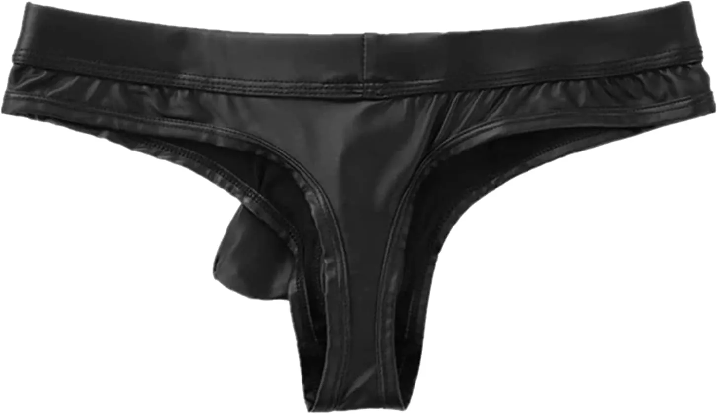 Men's Sexy Faux Leather Shorts Pants Low Rise Ultra Soft Erotic Clubwear Button Removable Pouch Fun Trunks Lingerie