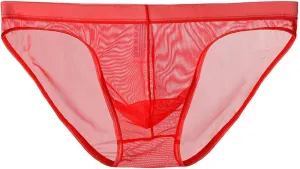 Men's Sexy Fishnet Underwear Low Rise See Through Breathable Erotic Lace Briefs Underpants Red