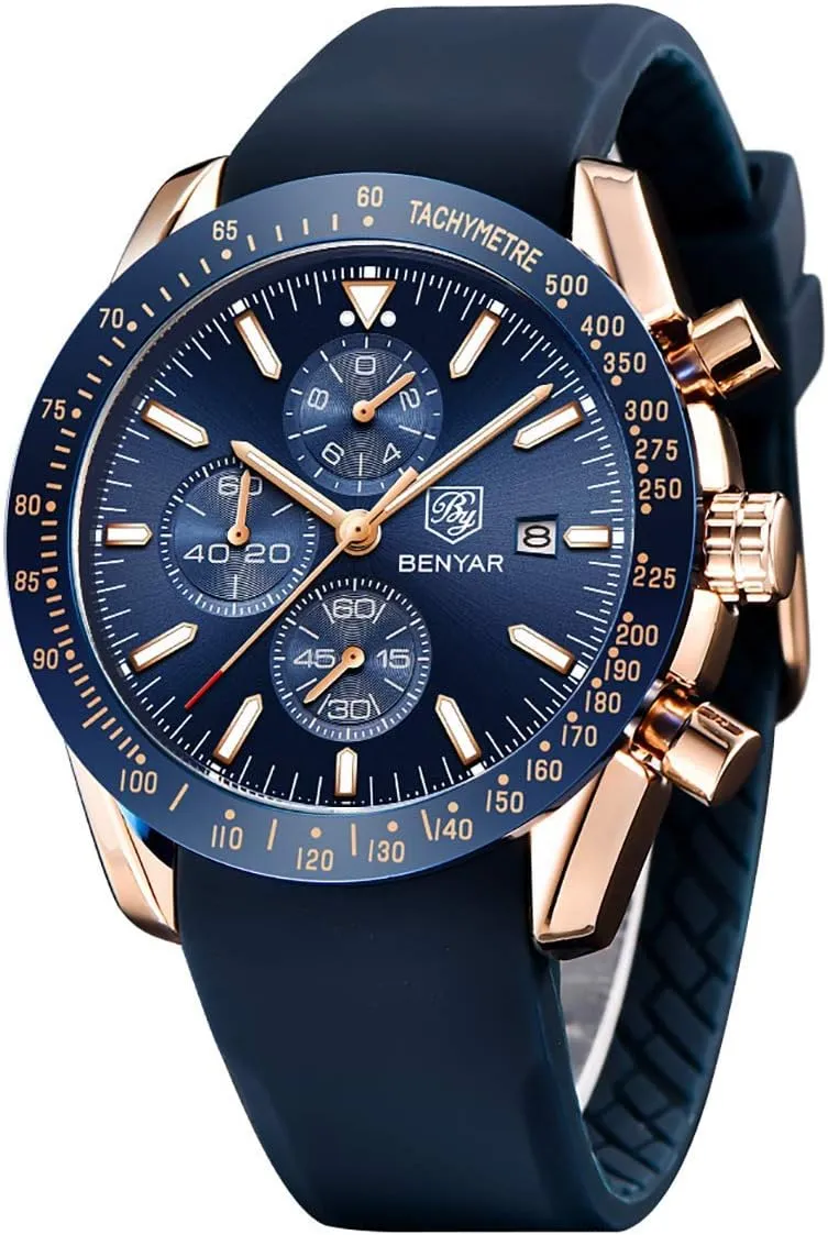 Men's Watches BENAYR Casual Chronograph Analog Quartz Waterproof Sports Watches Rubber Strap Business Wrist Watches for Men