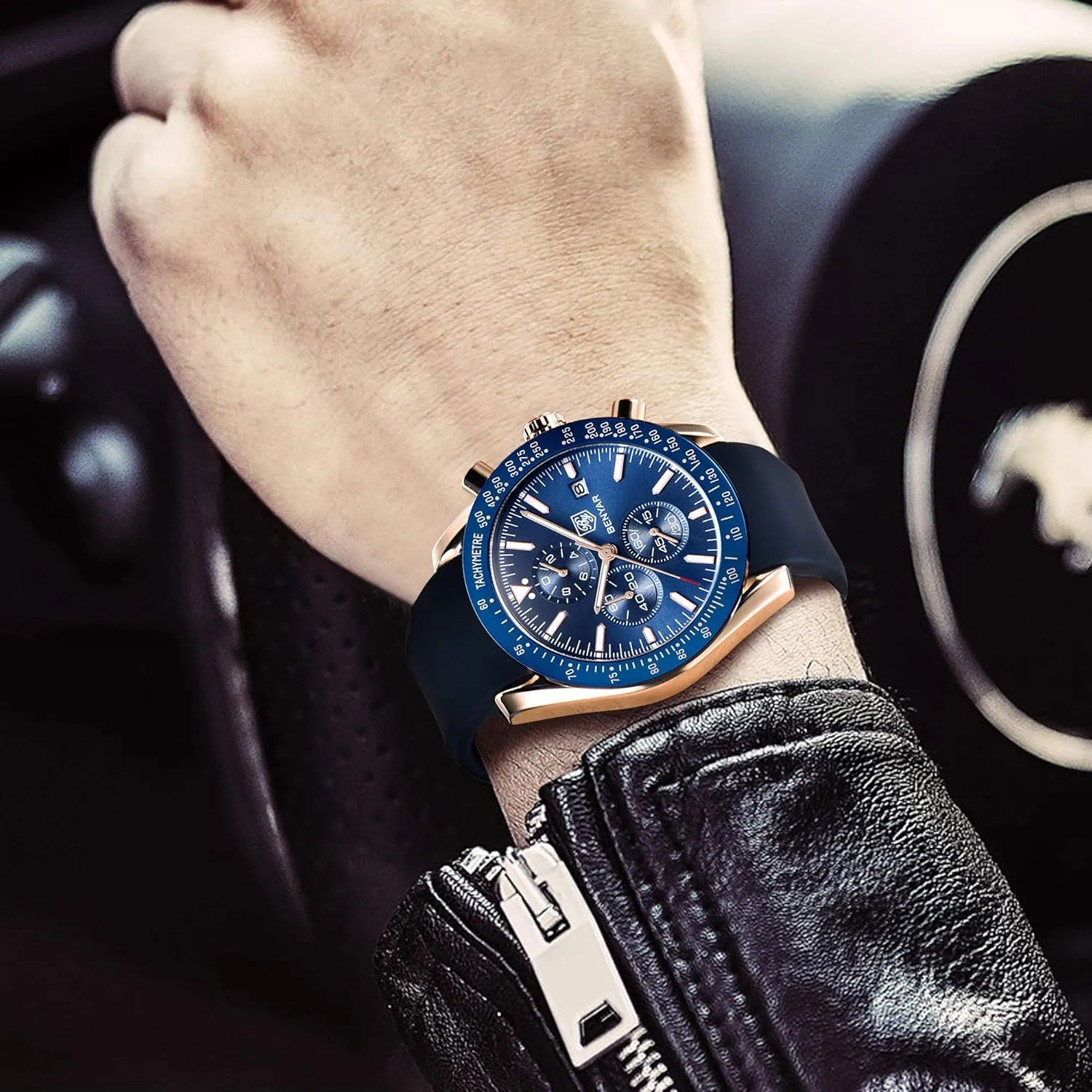 Men's Watches BENAYR Casual Chronograph Analog Quartz Waterproof Sports Watches Rubber Strap Business Wrist Watches for Men