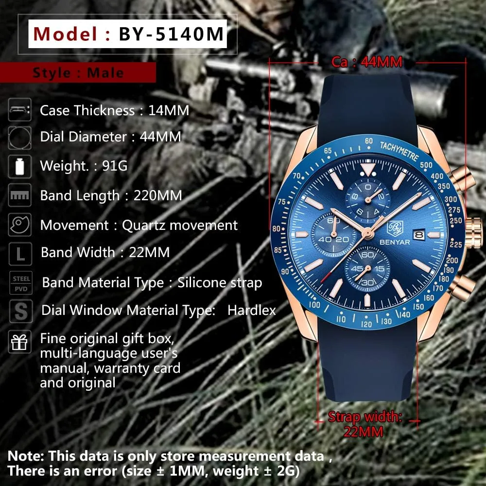 Men's Watches BENAYR Casual Chronograph Analog Quartz Waterproof Sports Watches Rubber Strap Business Wrist Watches for Men