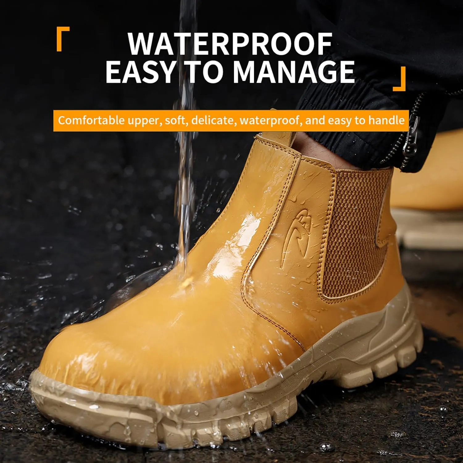 Mens Work Boots Steel Toe Chelsea Safety Boots PU Leather Waterproof Lightweight Working Shoes