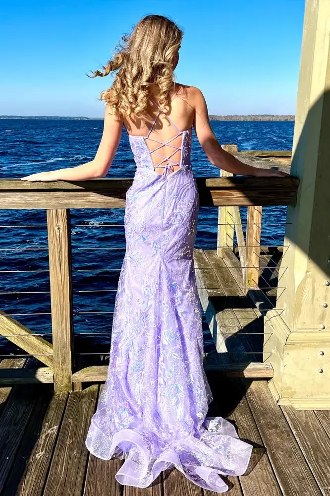 Mermaid Bateau Sleeveless Lace Up Sparkly Appliques Party Prom Dress