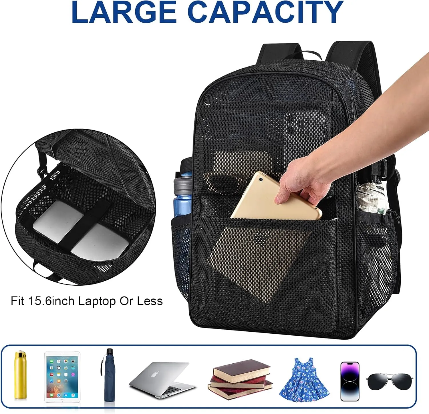 Mesh Backpack for School, 30L Lager Heavy Duty Mesh Backpacks for Adults Girls Boys Kids with Inner Laptop Compartment, Heavy Duty Mesh Schoolbag for Outdoor Hiking Beach